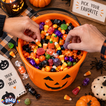 PMU Halloween Jack-O-Lantern Trick or Treat Pail Bucket - Candy Gift Basket for Kids - Pumpkin Plastic Buckets with Handle - Perfect Halloween Décor - 9 Inch