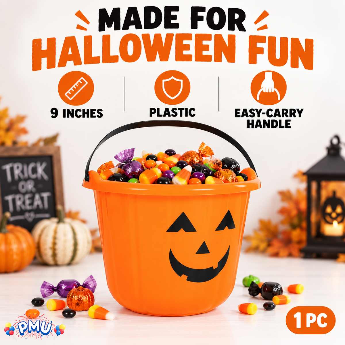 PMU Halloween Jack-O-Lantern Trick or Treat Pail Bucket - Candy Gift Basket for Kids - Pumpkin Plastic Buckets with Handle - Perfect Halloween Décor - 9 Inch