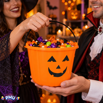 PMU Halloween Jack-O-Lantern Trick or Treat Pail Bucket - Candy Gift Basket for Kids - Pumpkin Plastic Buckets with Handle - Perfect Halloween Décor - 9 Inch