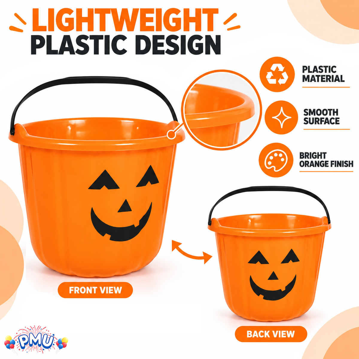 PMU Halloween Jack-O-Lantern Trick or Treat Pail Bucket - Candy Gift Basket for Kids - Pumpkin Plastic Buckets with Handle - Perfect Halloween Décor - 9 Inch