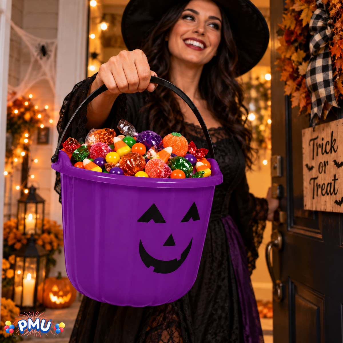 PMU Halloween Jack-O-Lantern Trick or Treat Pail Bucket - Candy Gift Basket for Kids - Pumpkin Plastic Buckets with Handle - Perfect Halloween Décor - 9 Inch