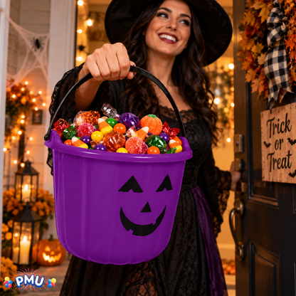 PMU Halloween Jack-O-Lantern Trick or Treat Pail Bucket - Candy Gift Basket for Kids - Pumpkin Plastic Buckets with Handle - Perfect Halloween Décor - 9 Inch