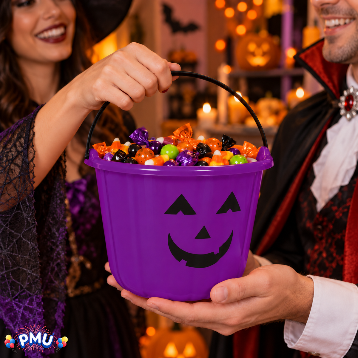 PMU Halloween Jack-O-Lantern Trick or Treat Pail Bucket - Candy Gift Basket for Kids - Pumpkin Plastic Buckets with Handle - Perfect Halloween Décor - 9 Inch