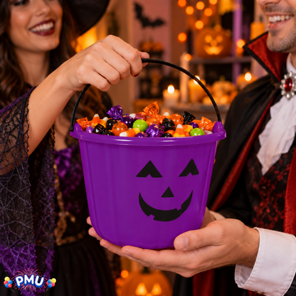 PMU Halloween Jack-O-Lantern Trick or Treat Pail Bucket - Candy Gift Basket for Kids - Pumpkin Plastic Buckets with Handle - Perfect Halloween Décor - 9 Inch