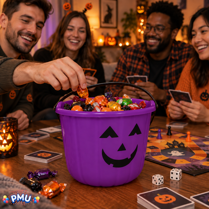PMU Halloween Jack-O-Lantern Trick or Treat Pail Bucket - Candy Gift Basket for Kids - Pumpkin Plastic Buckets with Handle - Perfect Halloween Décor - 9 Inch