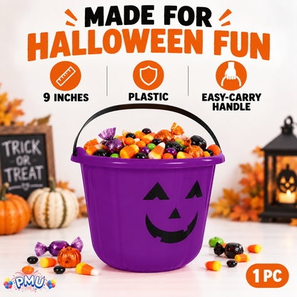 PMU Halloween Jack-O-Lantern Trick or Treat Pail Bucket - Candy Gift Basket for Kids - Pumpkin Plastic Buckets with Handle - Perfect Halloween Décor - 9 Inch