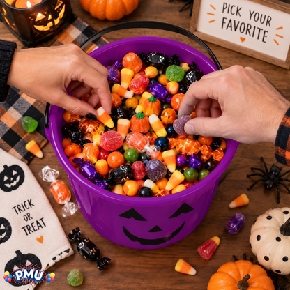 PMU Halloween Jack-O-Lantern Trick or Treat Pail Bucket - Candy Gift Basket for Kids - Pumpkin Plastic Buckets with Handle - Perfect Halloween Décor - 9 Inch