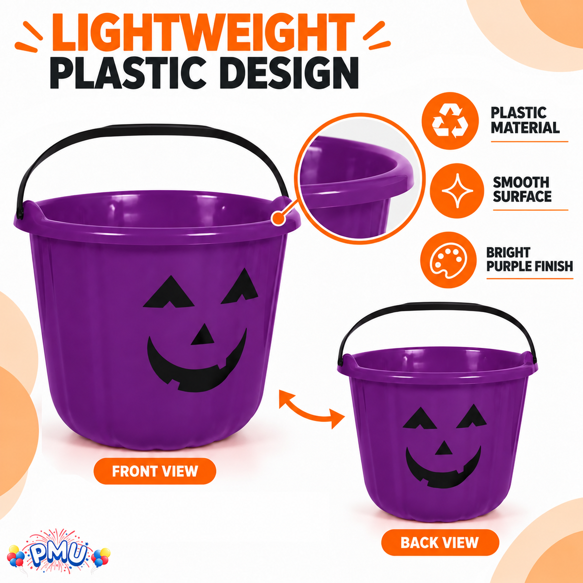 PMU Halloween Jack-O-Lantern Trick or Treat Pail Bucket - Candy Gift Basket for Kids - Pumpkin Plastic Buckets with Handle - Perfect Halloween Décor - 9 Inch
