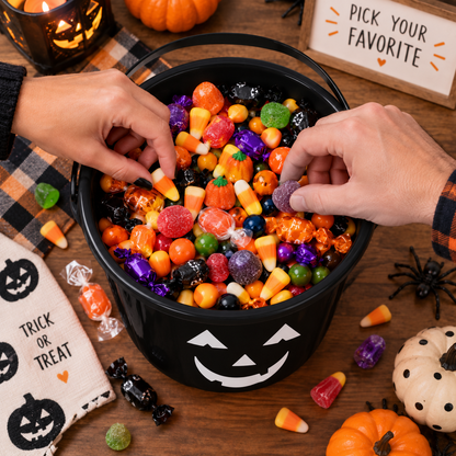 PMU Halloween Jack-O-Lantern Trick or Treat Pail Bucket - Candy Gift Basket for Kids - Pumpkin Plastic Buckets with Handle - Perfect Halloween Décor - 9 Inch