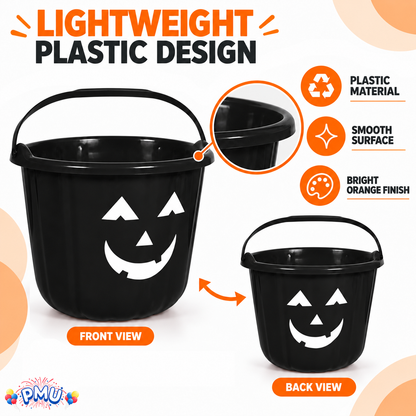 PMU Halloween Jack-O-Lantern Trick or Treat Pail Bucket - Candy Gift Basket for Kids - Pumpkin Plastic Buckets with Handle - Perfect Halloween Décor - 9 Inch