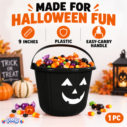 PMU Halloween Jack-O-Lantern Trick or Treat Pail Bucket - Candy Gift Basket for Kids - Pumpkin Plastic Buckets with Handle - Perfect Halloween Décor - 9 Inch