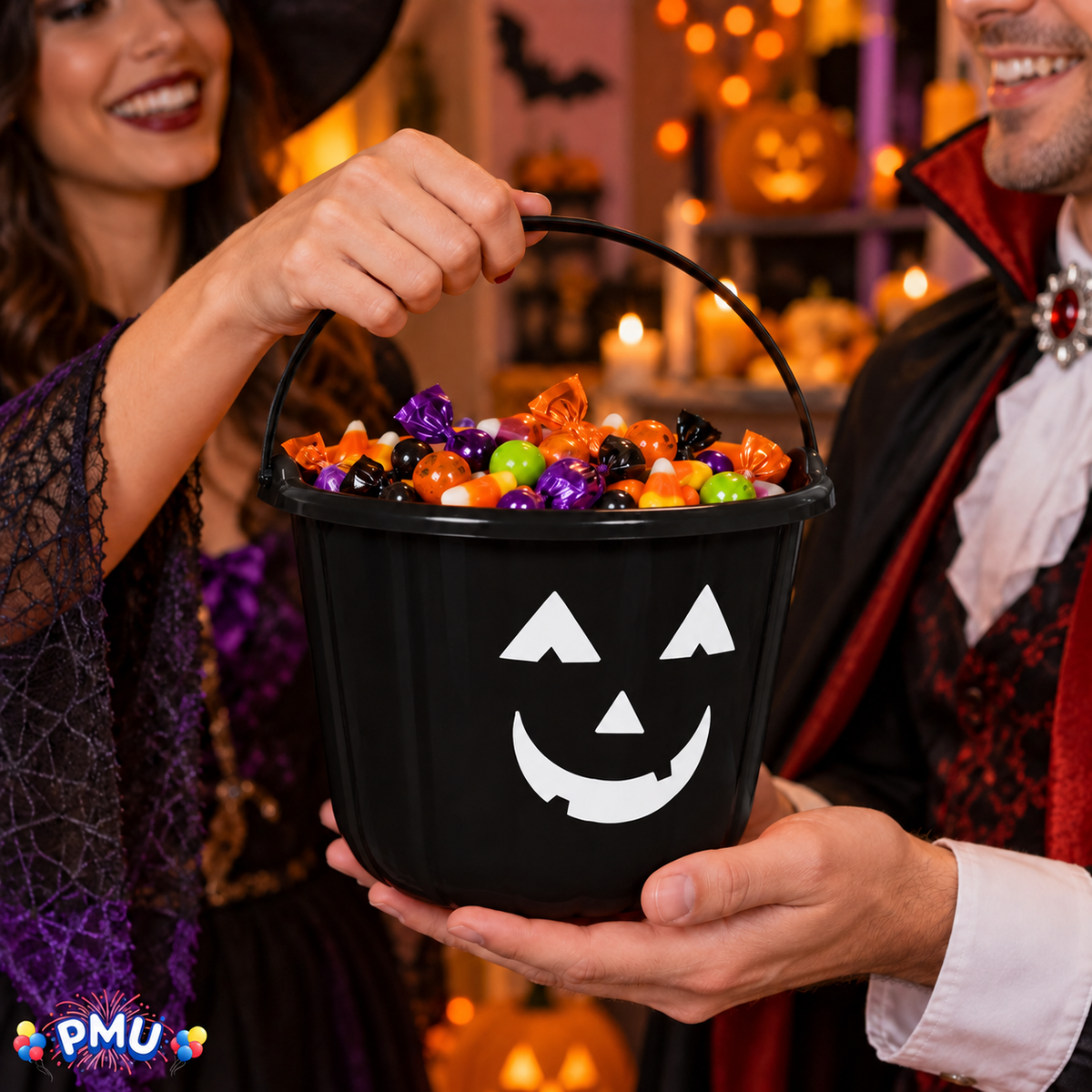 PMU Halloween Jack-O-Lantern Trick or Treat Pail Bucket - Candy Gift Basket for Kids - Pumpkin Plastic Buckets with Handle - Perfect Halloween Décor - 9 Inch