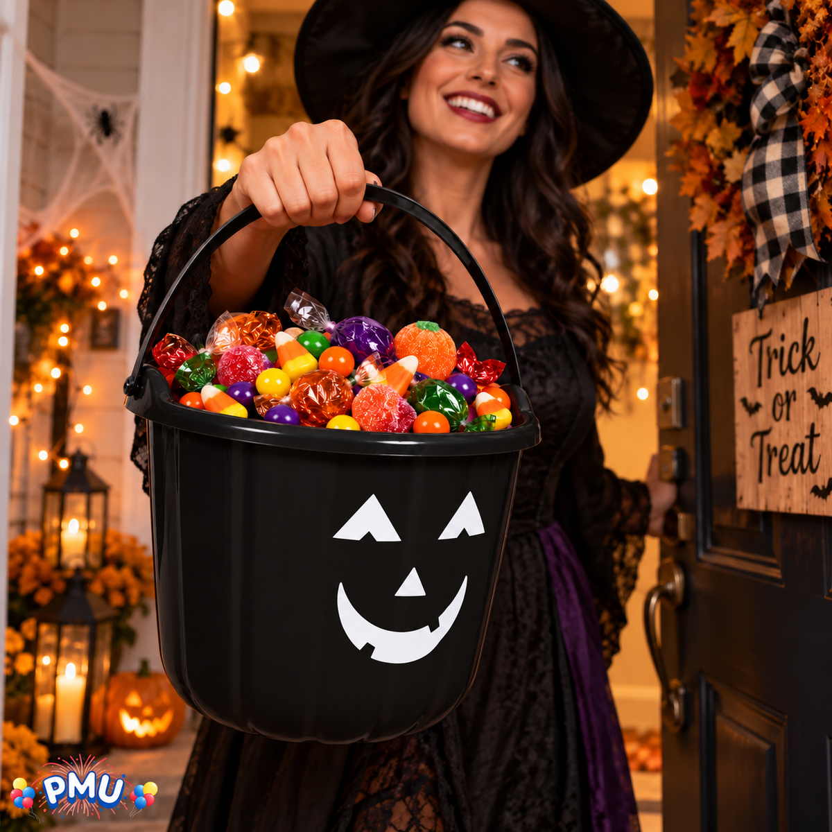 PMU Halloween Jack-O-Lantern Trick or Treat Pail Bucket - Candy Gift Basket for Kids - Pumpkin Plastic Buckets with Handle - Perfect Halloween Décor - 9 Inch