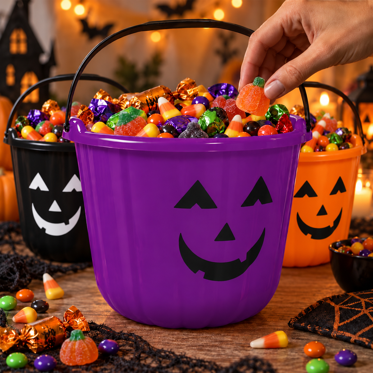 PMU Halloween Jack-O-Lantern Trick or Treat Pail Bucket - Candy Gift Basket for Kids - Pumpkin Plastic Buckets with Handle - Perfect Halloween Décor - 9 Inch