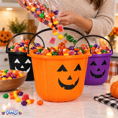 PMU Halloween Jack-O-Lantern Trick or Treat Pail Bucket - Candy Gift Basket for Kids - Pumpkin Plastic Buckets with Handle - Perfect Halloween Décor - 9 Inch