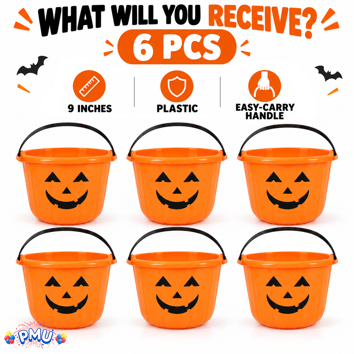 PMU Halloween Jack-O-Lantern Trick or Treat Pail Bucket - Candy Gift Basket for Kids - Pumpkin Plastic Buckets with Handle - Perfect Halloween Décor - 9 Inch