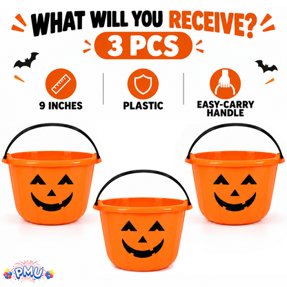 PMU Halloween Jack-O-Lantern Trick or Treat Pail Bucket - Candy Gift Basket for Kids - Pumpkin Plastic Buckets with Handle - Perfect Halloween Décor - 9 Inch