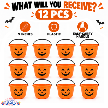 PMU Halloween Jack-O-Lantern Trick or Treat Pail Bucket - Candy Gift Basket for Kids - Pumpkin Plastic Buckets with Handle - Perfect Halloween Décor - 9 Inch