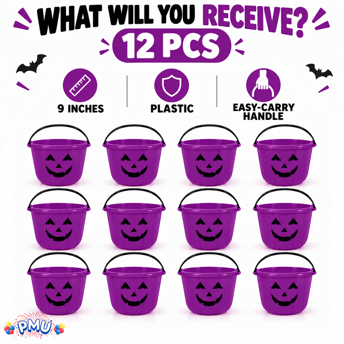 PMU Halloween Jack-O-Lantern Trick or Treat Pail Bucket - Candy Gift Basket for Kids - Pumpkin Plastic Buckets with Handle - Perfect Halloween Décor - 9 Inch
