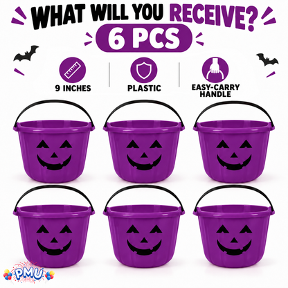 PMU Halloween Jack-O-Lantern Trick or Treat Pail Bucket - Candy Gift Basket for Kids - Pumpkin Plastic Buckets with Handle - Perfect Halloween Décor - 9 Inch