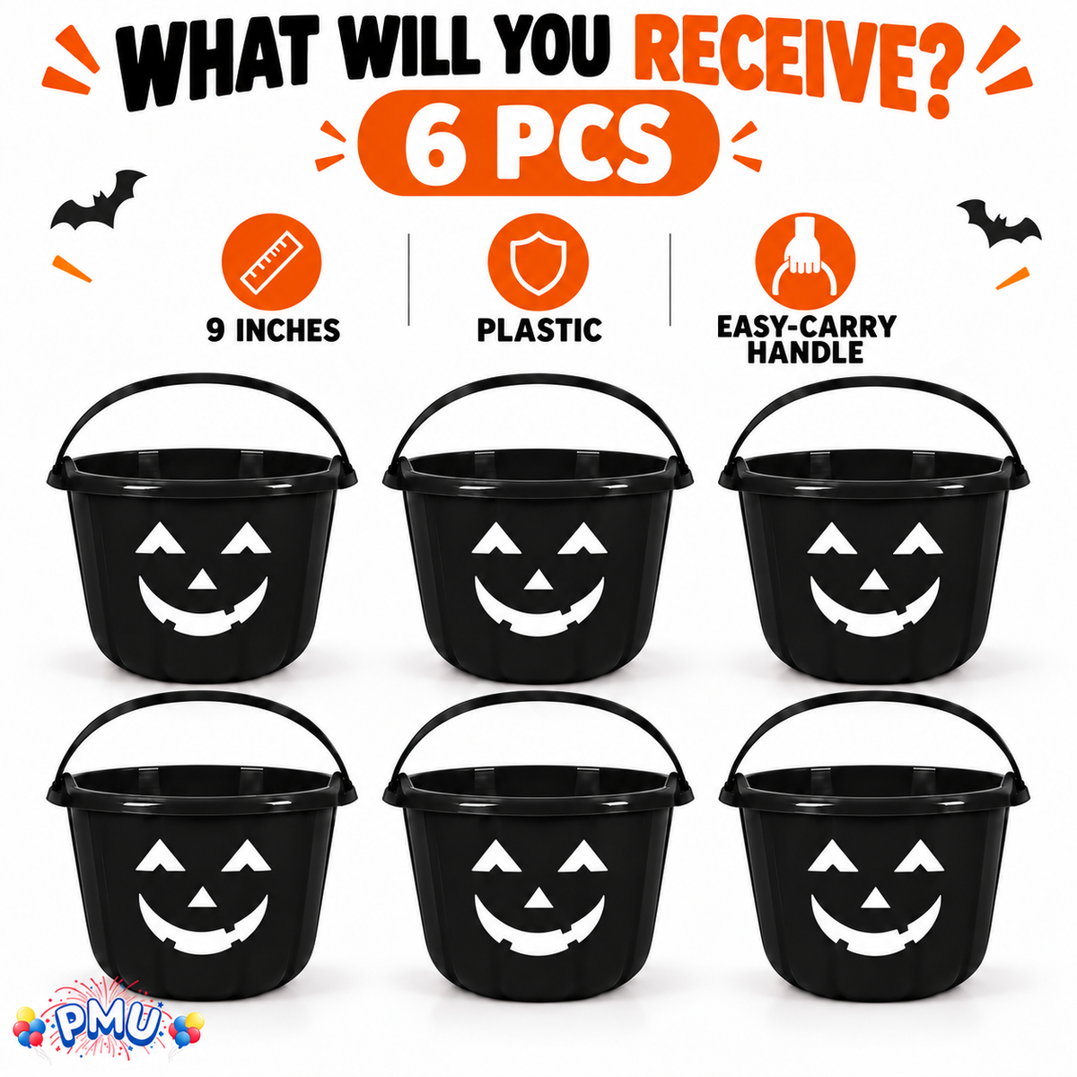 PMU Halloween Jack-O-Lantern Trick or Treat Pail Bucket - Candy Gift Basket for Kids - Pumpkin Plastic Buckets with Handle - Perfect Halloween Décor - 9 Inch