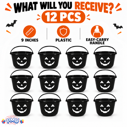 PMU Halloween Jack-O-Lantern Trick or Treat Pail Bucket - Candy Gift Basket for Kids - Pumpkin Plastic Buckets with Handle - Perfect Halloween Décor - 9 Inch
