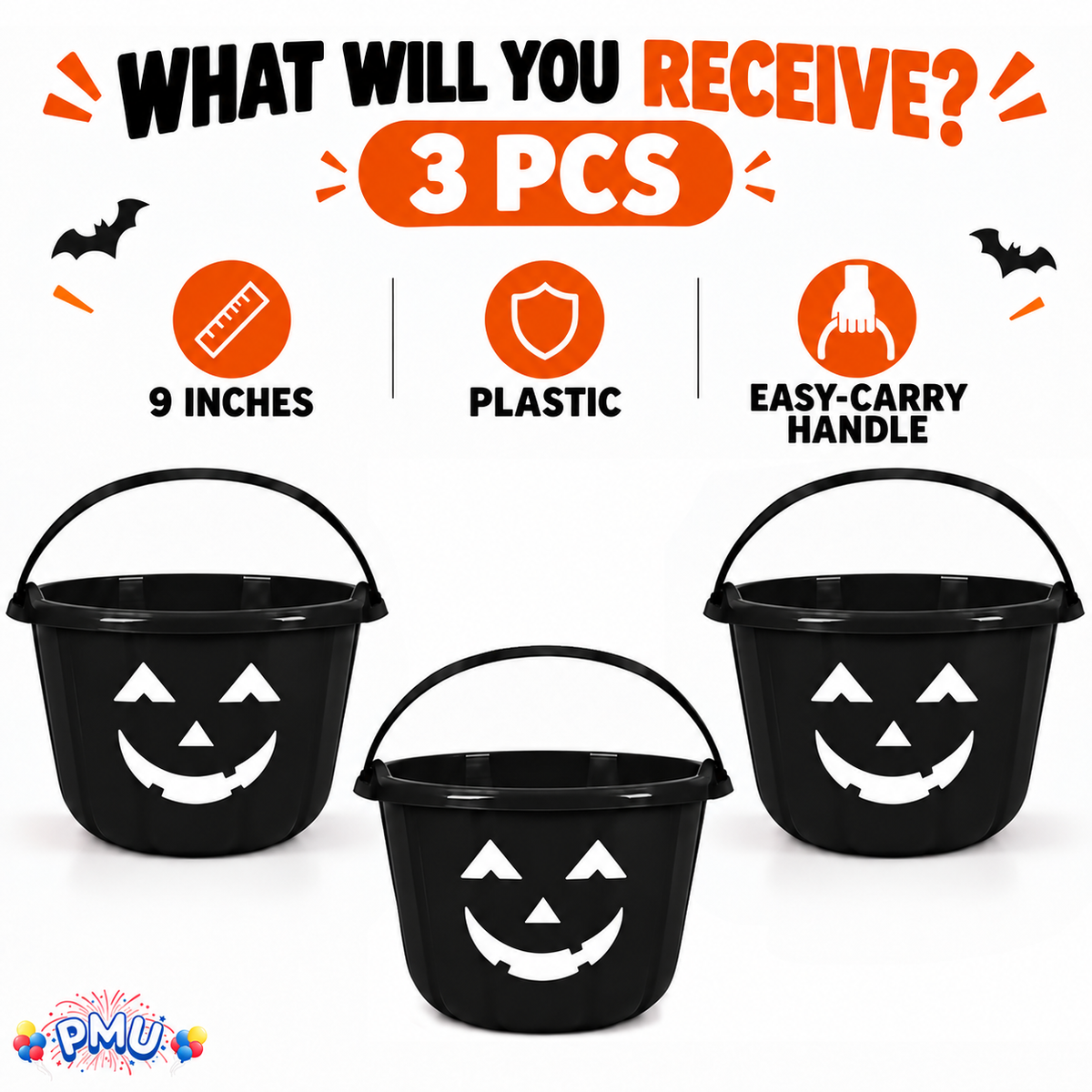 PMU Halloween Jack-O-Lantern Trick or Treat Pail Bucket - Candy Gift Basket for Kids - Pumpkin Plastic Buckets with Handle - Perfect Halloween Décor - 9 Inch
