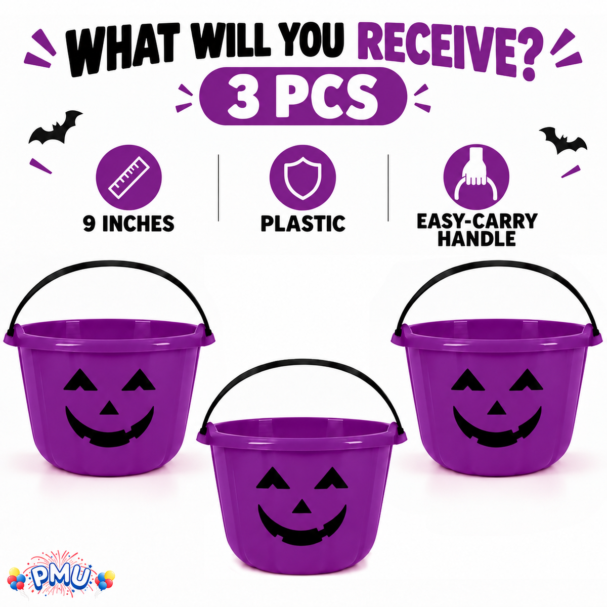 PMU Halloween Jack-O-Lantern Trick or Treat Pail Bucket - Candy Gift Basket for Kids - Pumpkin Plastic Buckets with Handle - Perfect Halloween Décor - 9 Inch