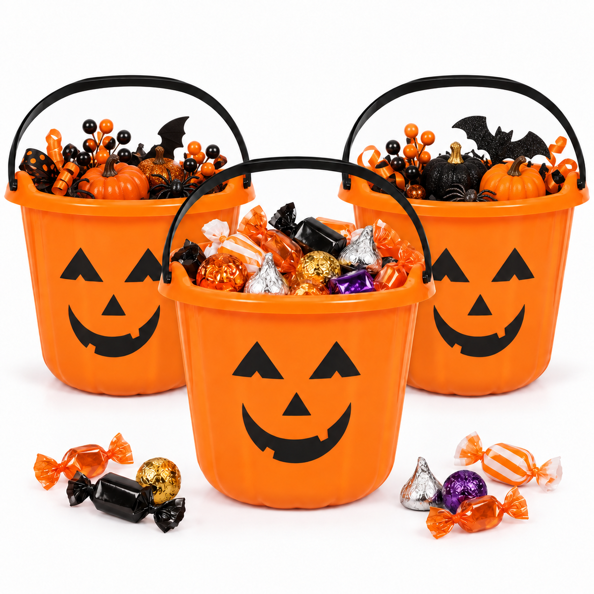 PMU Halloween Jack-O-Lantern Trick or Treat Pail Bucket - Candy Gift Basket for Kids - Pumpkin Plastic Buckets with Handle - Perfect Halloween Décor - 9 Inch