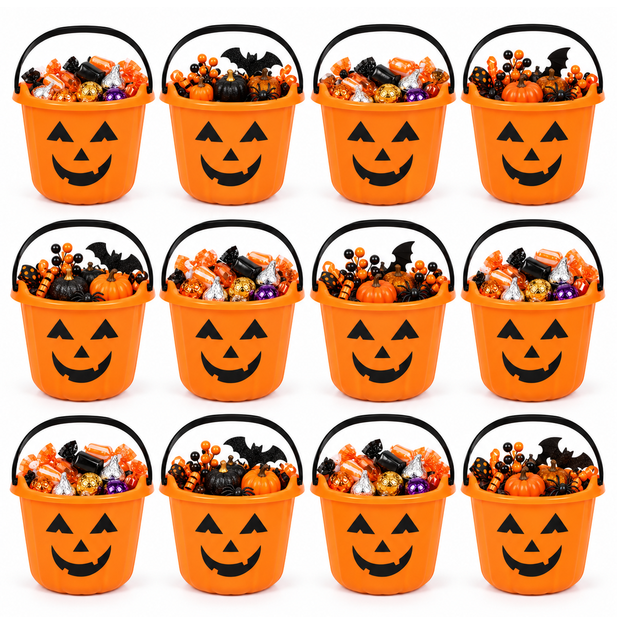 PMU Halloween Jack-O-Lantern Trick or Treat Pail Bucket - Candy Gift Basket for Kids - Pumpkin Plastic Buckets with Handle - Perfect Halloween Décor - 9 Inch