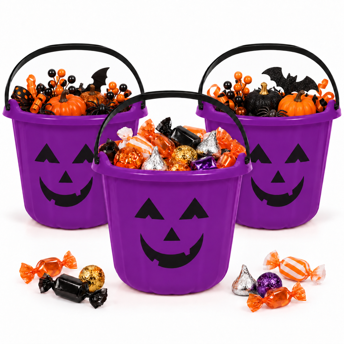 PMU Halloween Jack-O-Lantern Trick or Treat Pail Bucket - Candy Gift Basket for Kids - Pumpkin Plastic Buckets with Handle - Perfect Halloween Décor - 9 Inch