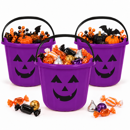 PMU Halloween Jack-O-Lantern Trick or Treat Pail Bucket - Candy Gift Basket for Kids - Pumpkin Plastic Buckets with Handle - Perfect Halloween Décor - 9 Inch