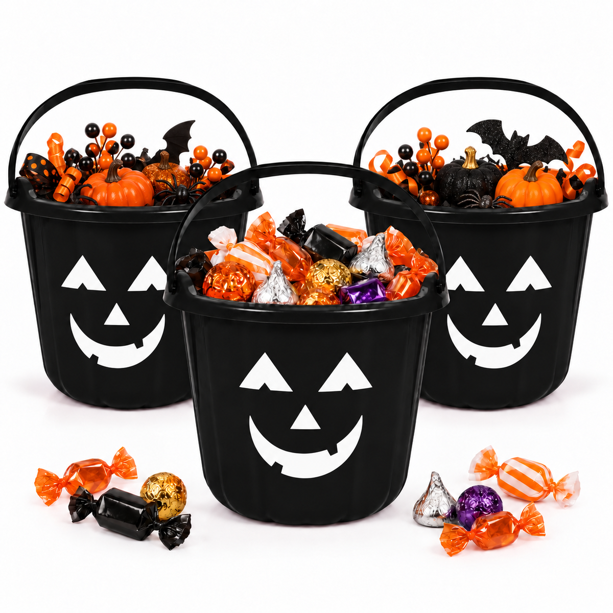 PMU Halloween Jack-O-Lantern Trick or Treat Pail Bucket - Candy Gift Basket for Kids - Pumpkin Plastic Buckets with Handle - Perfect Halloween Décor - 9 Inch