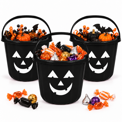 PMU Halloween Jack-O-Lantern Trick or Treat Pail Bucket - Candy Gift Basket for Kids - Pumpkin Plastic Buckets with Handle - Perfect Halloween Décor - 9 Inch
