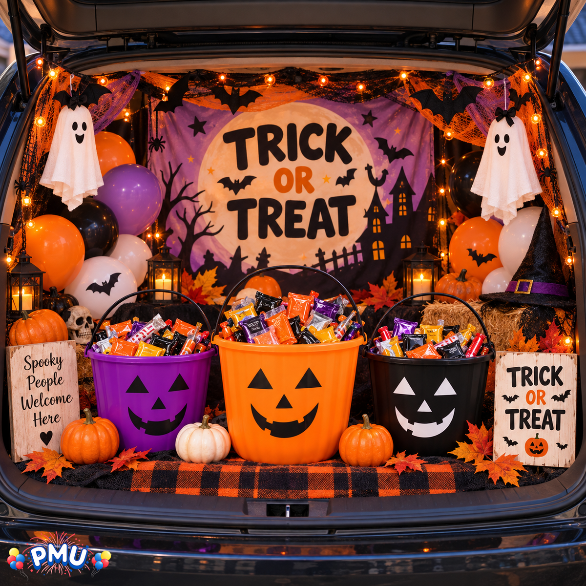 PMU Halloween Jack-O-Lantern Trick or Treat Pail Bucket - Candy Gift Basket for Kids - Pumpkin Plastic Buckets with Handle - Perfect Halloween Décor - 9 Inch