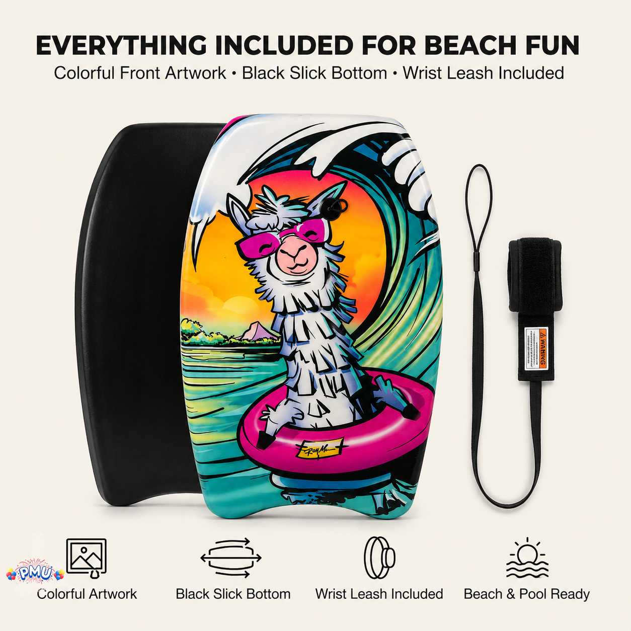 PMU 26 Inch Graphics Printed Bodyboard - Lightweight Wrist Leash Slick Bottom Boogie Board for Beach, Sea & Pool - Surfing Board for Kids, Teens & Adults Wave Conditions  Pkg/1