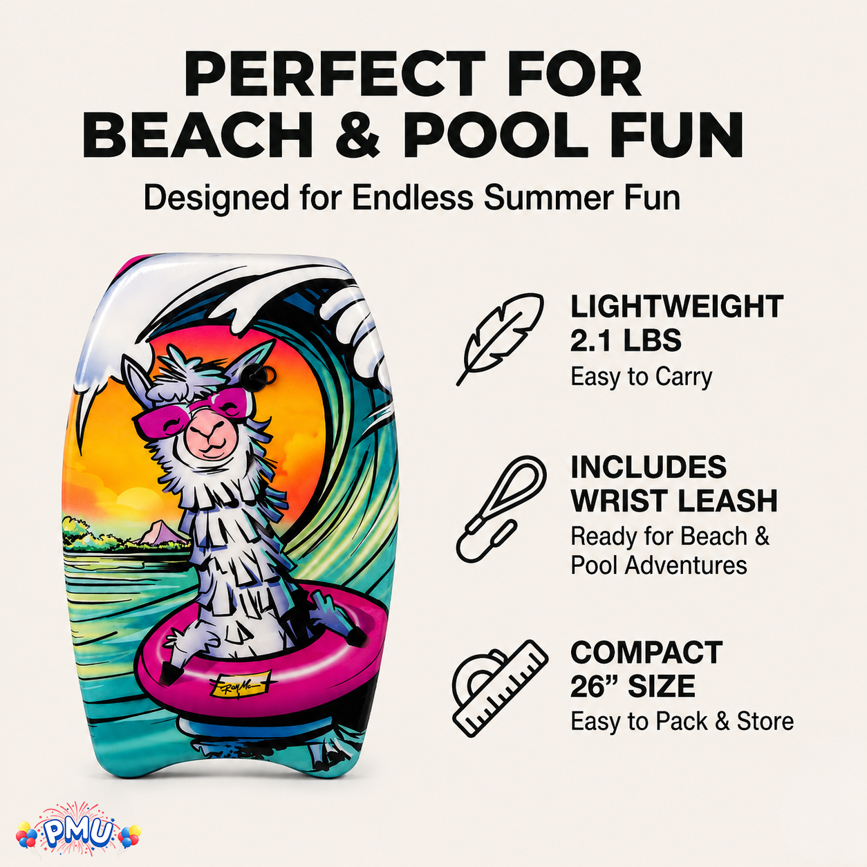 PMU 26 Inch Graphics Printed Bodyboard - Lightweight Wrist Leash Slick Bottom Boogie Board for Beach, Sea & Pool - Surfing Board for Kids, Teens & Adults Wave Conditions  Pkg/1