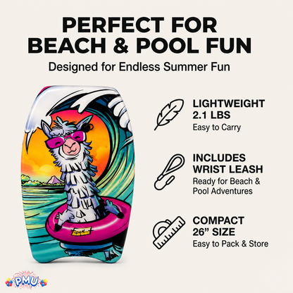 PMU 26 Inch Graphics Printed Bodyboard - Lightweight Wrist Leash Slick Bottom Boogie Board for Beach, Sea & Pool - Surfing Board for Kids, Teens & Adults Wave Conditions  Pkg/1
