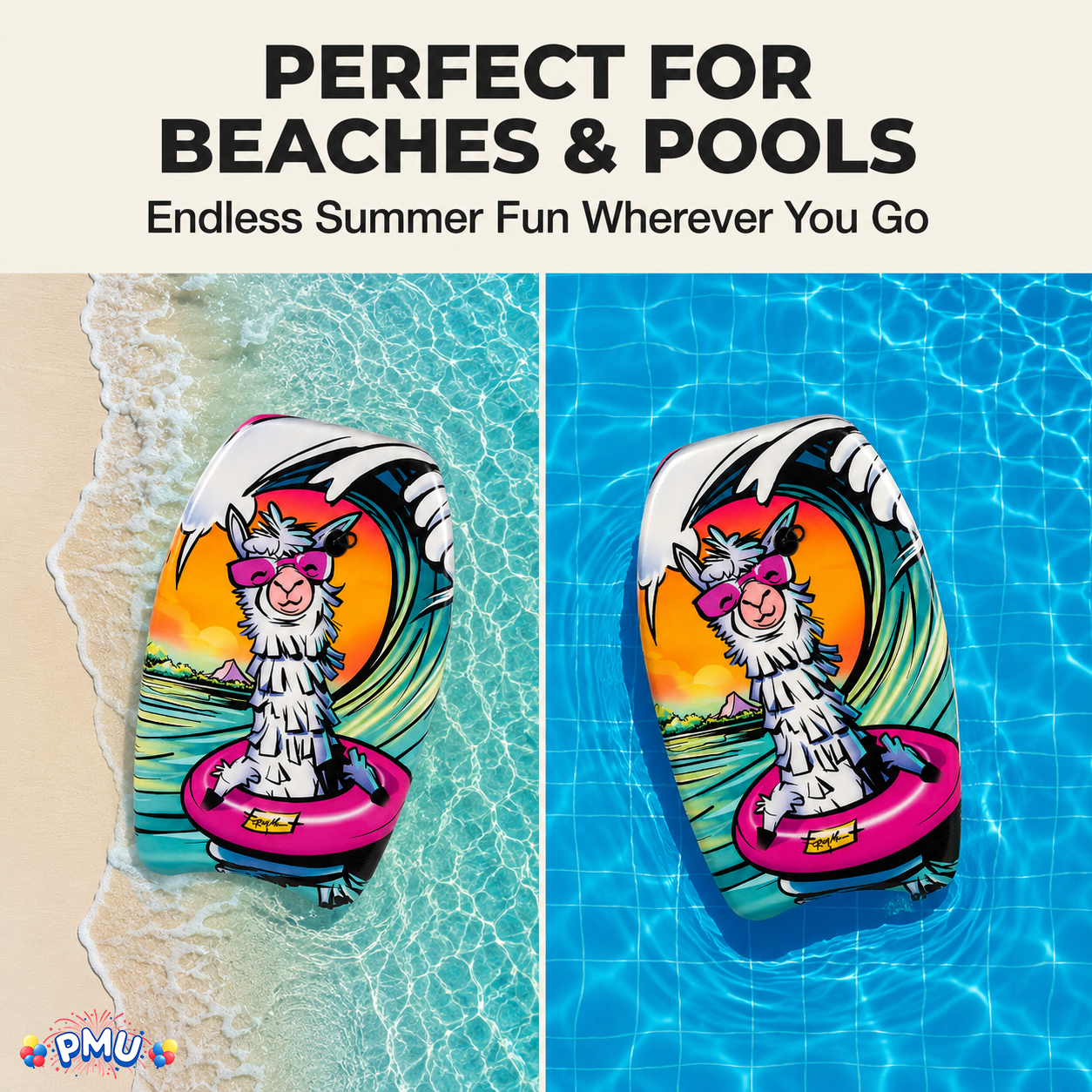 PMU 26 Inch Graphics Printed Bodyboard - Lightweight Wrist Leash Slick Bottom Boogie Board for Beach, Sea & Pool - Surfing Board for Kids, Teens & Adults Wave Conditions  Pkg/1