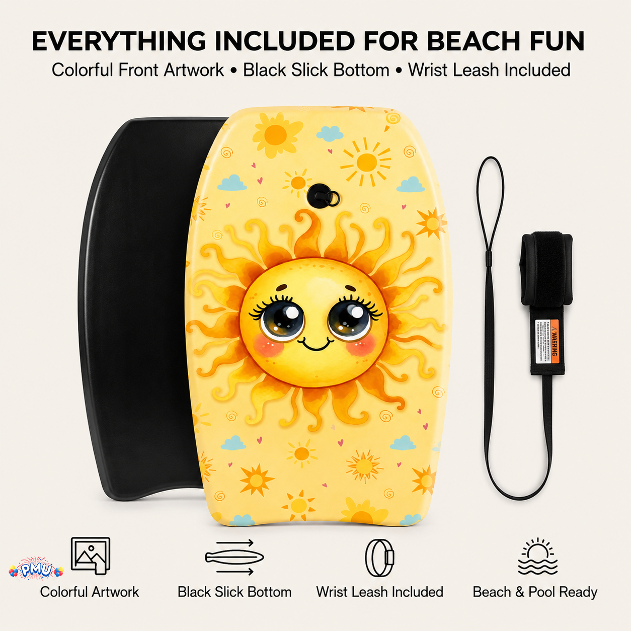 PMU 26 Inch Graphics Printed Bodyboard - Lightweight Wrist Leash Slick Bottom Boogie Board for Beach, Sea & Pool - Surfing Board for Kids, Teens & Adults Wave Conditions  Pkg/1