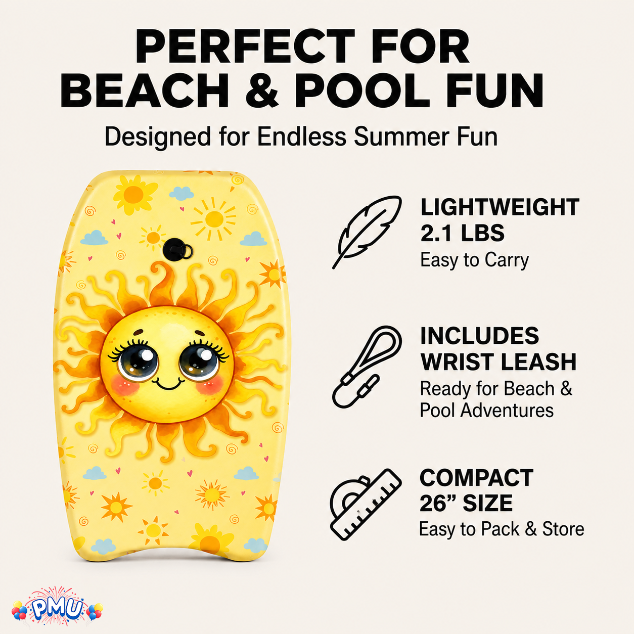 PMU 26 Inch Graphics Printed Bodyboard - Lightweight Wrist Leash Slick Bottom Boogie Board for Beach, Sea & Pool - Surfing Board for Kids, Teens & Adults Wave Conditions  Pkg/1