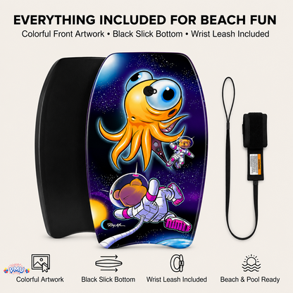 PMU 26 Inch Graphics Printed Bodyboard - Lightweight Wrist Leash Slick Bottom Boogie Board for Beach, Sea & Pool - Surfing Board for Kids, Teens & Adults Wave Conditions  Pkg/1