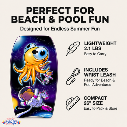 PMU 26 Inch Graphics Printed Bodyboard - Lightweight Wrist Leash Slick Bottom Boogie Board for Beach, Sea & Pool - Surfing Board for Kids, Teens & Adults Wave Conditions  Pkg/1