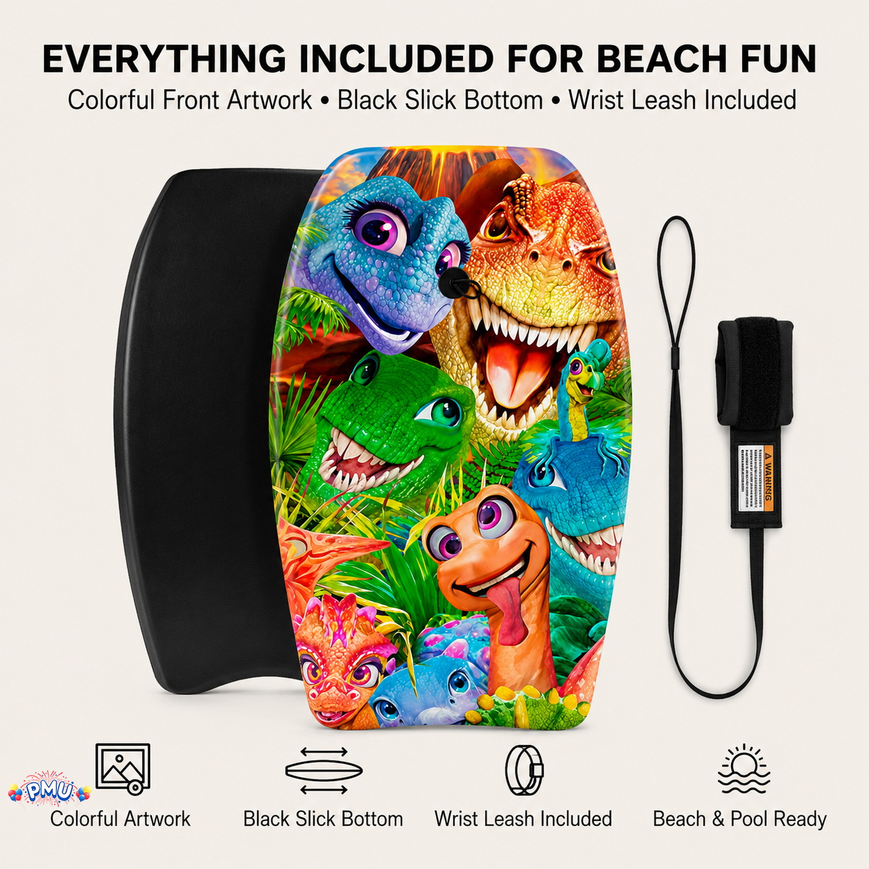 PMU 26 Inch Graphics Printed Bodyboard - Lightweight Wrist Leash Slick Bottom Boogie Board for Beach, Sea & Pool - Surfing Board for Kids, Teens & Adults Wave Conditions  Pkg/1