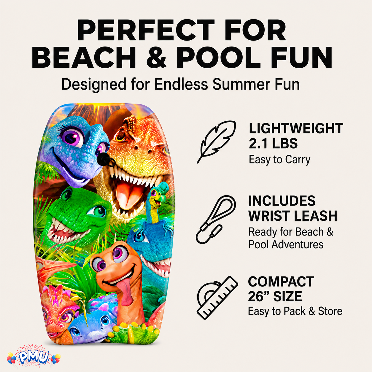 PMU 26 Inch Graphics Printed Bodyboard - Lightweight Wrist Leash Slick Bottom Boogie Board for Beach, Sea & Pool - Surfing Board for Kids, Teens & Adults Wave Conditions  Pkg/1