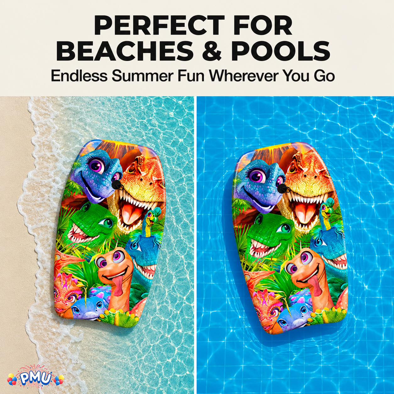 PMU 26 Inch Graphics Printed Bodyboard - Lightweight Wrist Leash Slick Bottom Boogie Board for Beach, Sea & Pool - Surfing Board for Kids, Teens & Adults Wave Conditions  Pkg/1