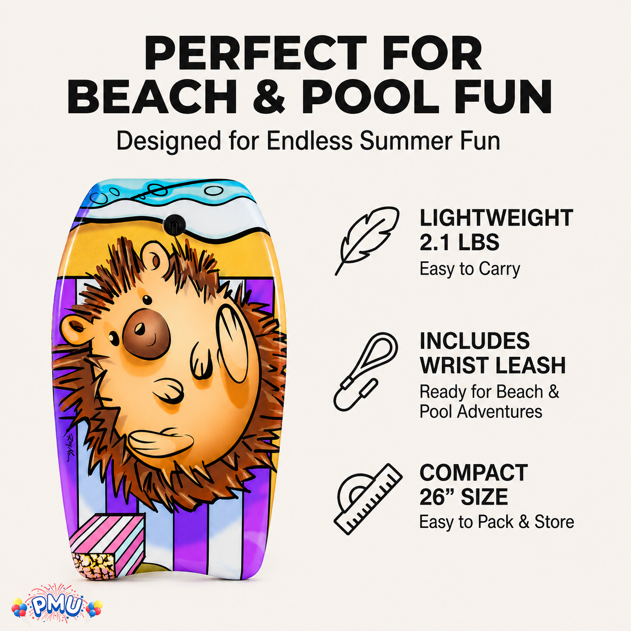 PMU 26 Inch Graphics Printed Bodyboard - Lightweight Wrist Leash Slick Bottom Boogie Board for Beach, Sea & Pool - Surfing Board for Kids, Teens & Adults Wave Conditions  Pkg/1