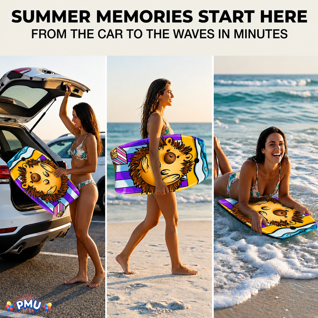 PMU 26 Inch Graphics Printed Bodyboard - Lightweight Wrist Leash Slick Bottom Boogie Board for Beach, Sea & Pool - Surfing Board for Kids, Teens & Adults Wave Conditions  Pkg/1