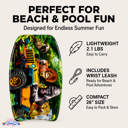 PMU 26 Inch Graphics Printed Bodyboard - Lightweight Wrist Leash Slick Bottom Boogie Board for Beach, Sea & Pool - Surfing Board for Kids, Teens & Adults Wave Conditions  Pkg/1