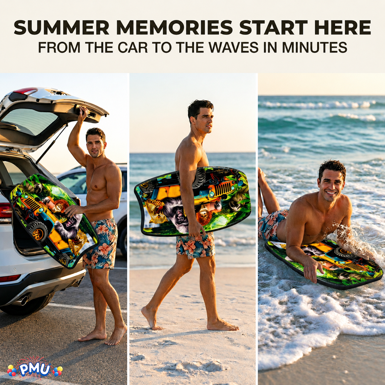 PMU 26 Inch Graphics Printed Bodyboard - Lightweight Wrist Leash Slick Bottom Boogie Board for Beach, Sea & Pool - Surfing Board for Kids, Teens & Adults Wave Conditions  Pkg/1